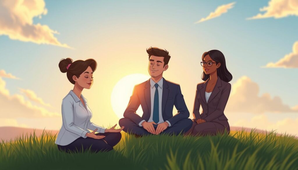 Three people seated together at sunrise on a quiet hillside, reflecting in calm conversation